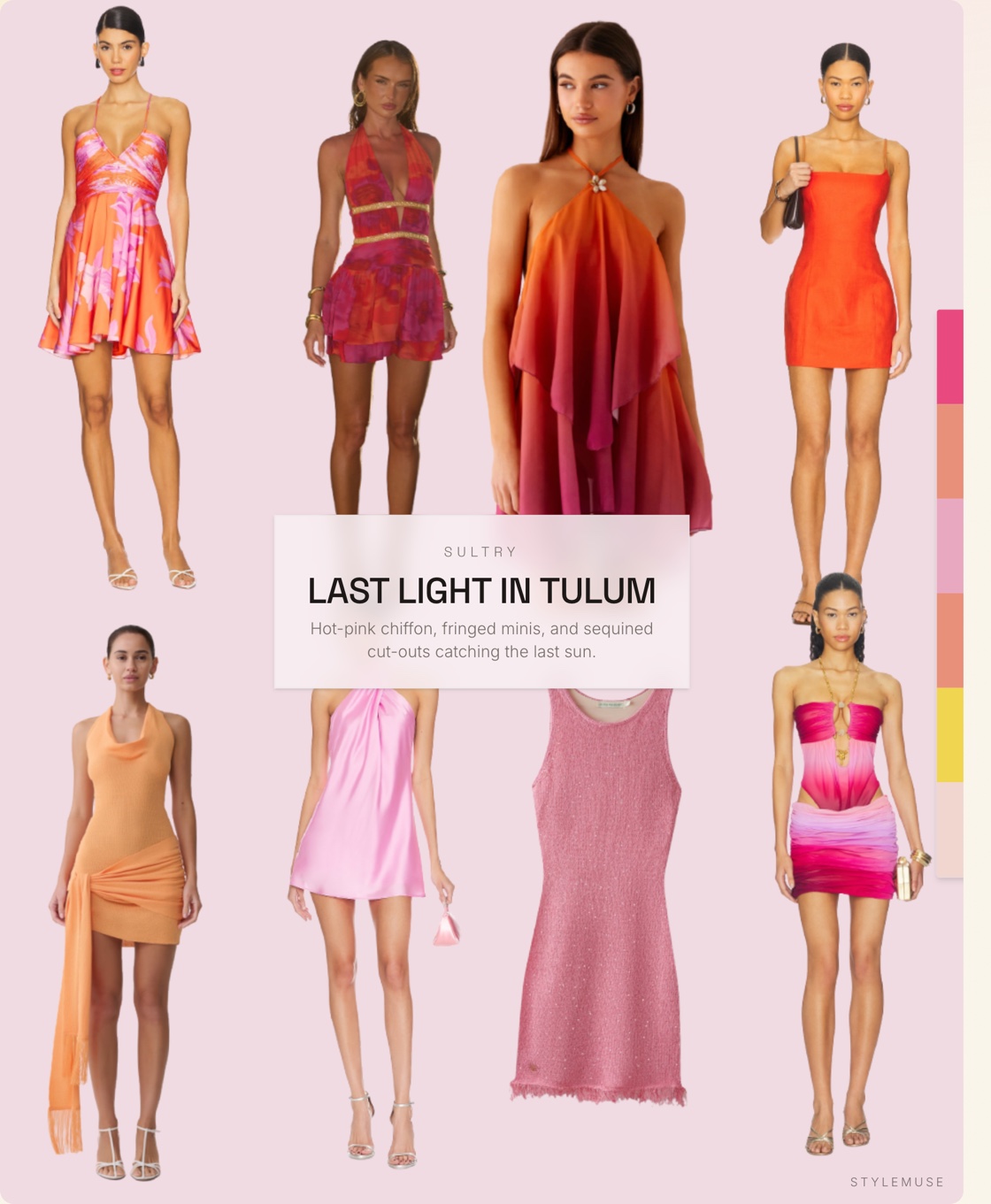 Last Light in Tulum — a StyleMuse moodboard of eight sunset-toned mini dress cutouts with its colour palette
